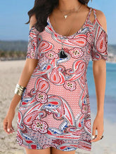 Vintage Print Sling Strap Off Shoulder Short Sleeve Dress Ins Street